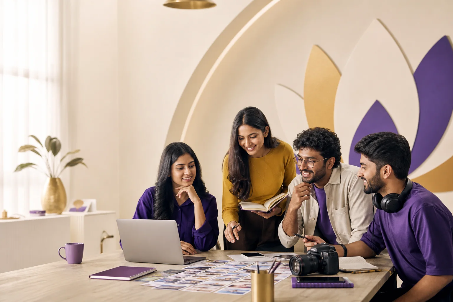 A team of social media specialists collaborating on a content strategy